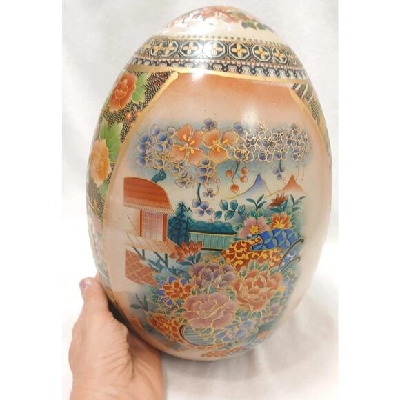 Vntg Huge Japanese Satsuma Egg Asian Decor Orient Hand Painted Cloisonne Floral - Picture 1 of 16